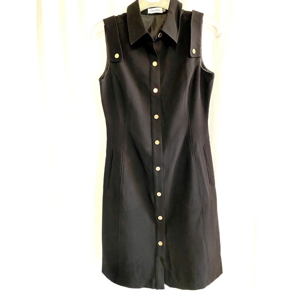 Calvin Klein Women Size 4 Classy Black Dress Sleeveless Lined Gold Buttons
